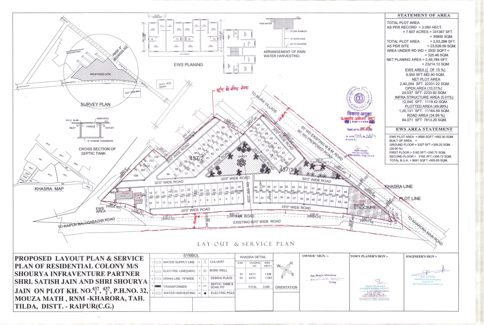 Shourya Navdwar Kharora approved layout and service plan: 104 Vaastu-compliant residential plots, commercial frontage, green belt, internal roads, drainage and rainwater harvesting on 6.93 acres, TNC approved, RERA PCGRERA040718000446.